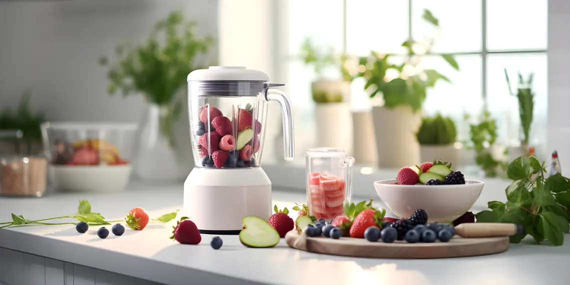 White blender with a clear jar on a bright kitchen counter with fresh berries