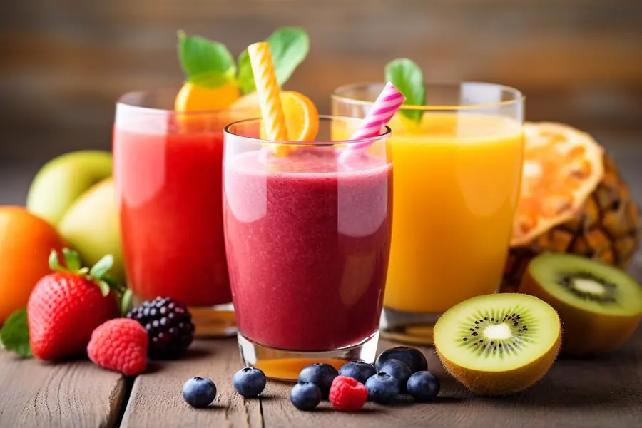 Glasses of red and orange fruit smoothies surrounded by berries, kiwi and orange