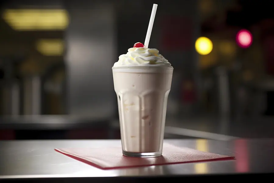 Vanilla milkshake topped with whipped cream and a cherry